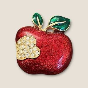 Red Apple Brooch with Green Leaves